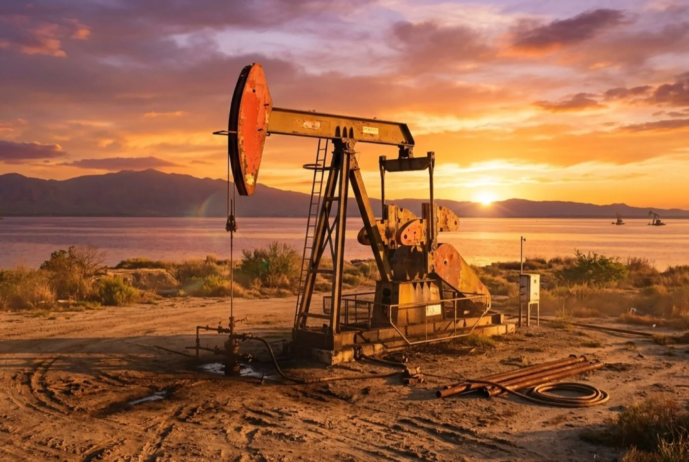 Bomba petrolera al atardecer junto al Lago de Maracaibo, Zulia